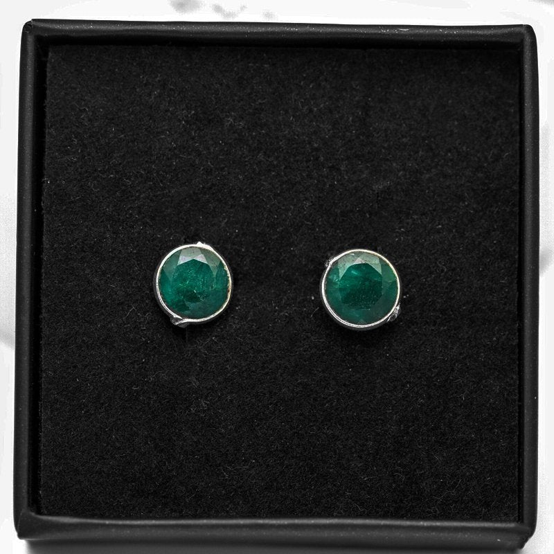 Genuine 925 Sterling Silver Round Emerald Ladies Earrings Studs Gemstone Gift