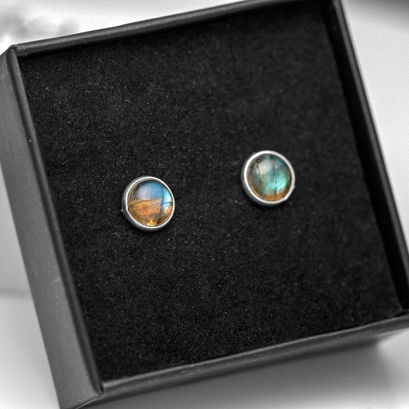 Genuine 925 Sterling Silver Round Labradorit Ladies Earrings Studs Gemstone Gift