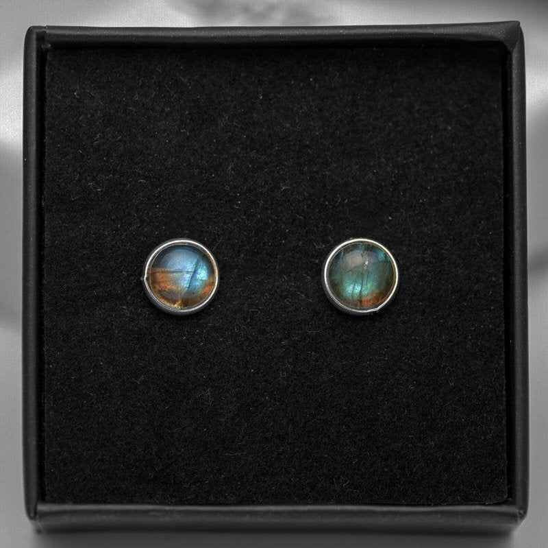 Genuine 925 Sterling Silver Round Labradorit Ladies Earrings Studs Gemstone Gift