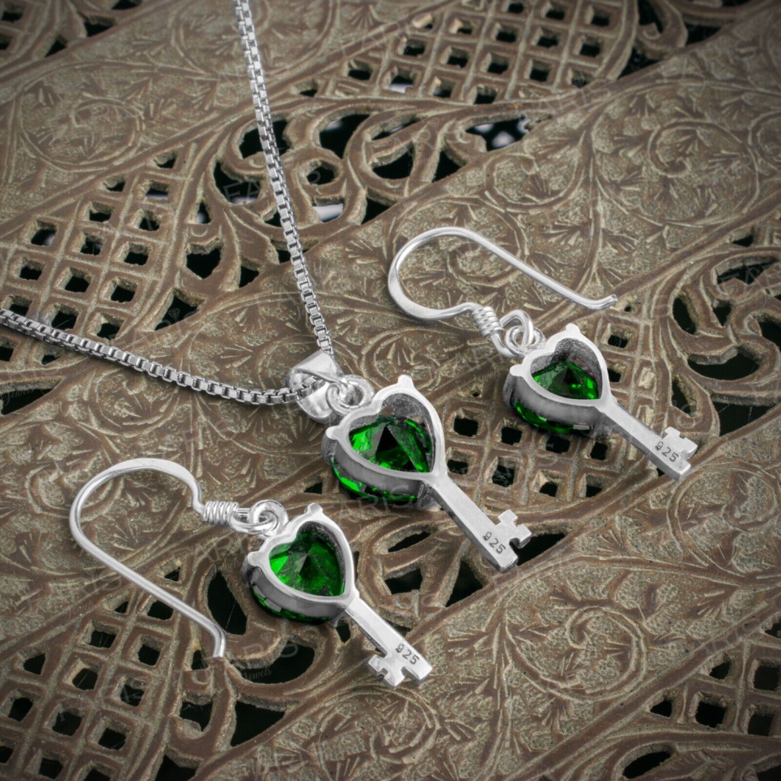 Green Emerald Gemstone Pendant and Earring Set Key To My Heart Gift Jewellery