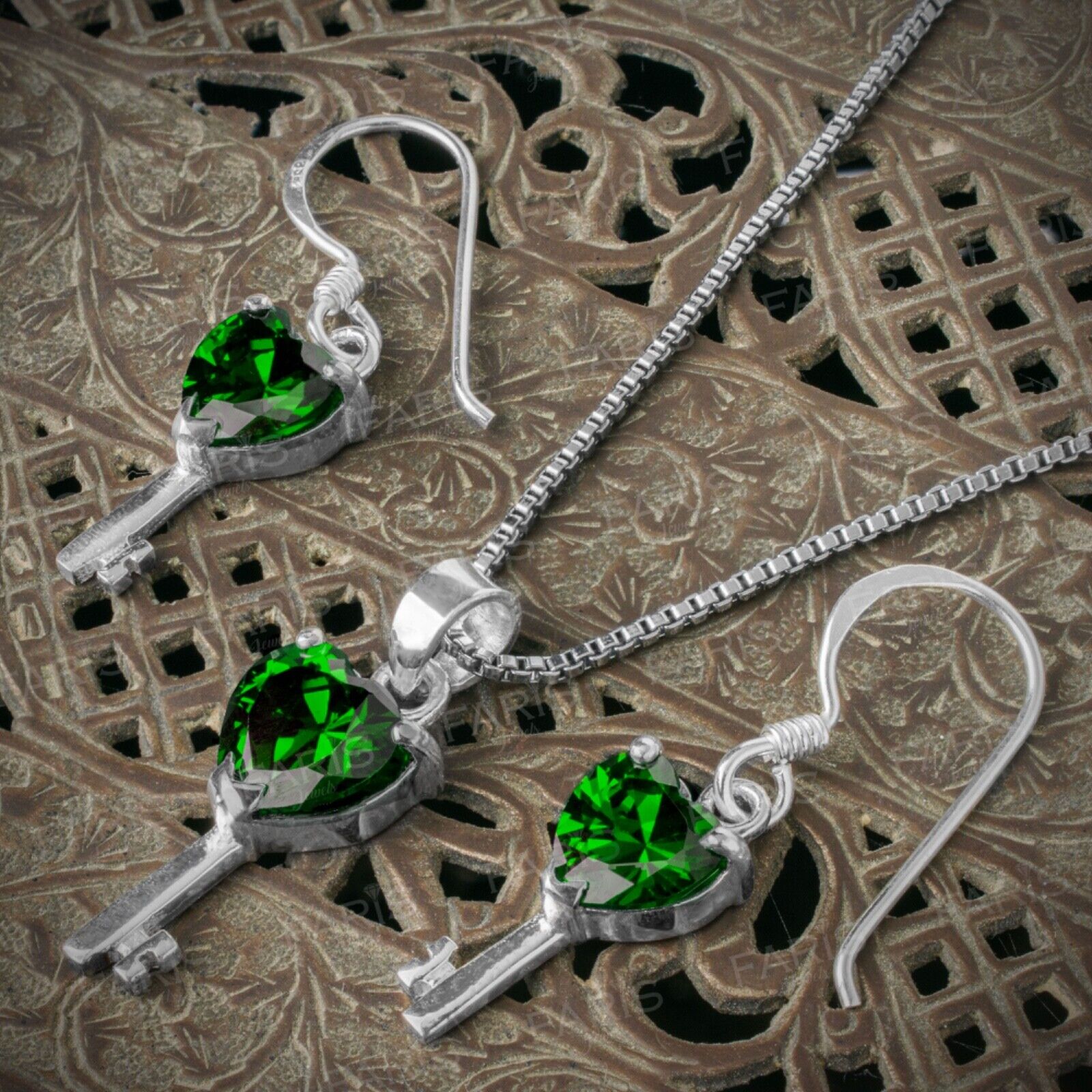 Green Emerald Pendant Earring Set Gift Faris Jewels