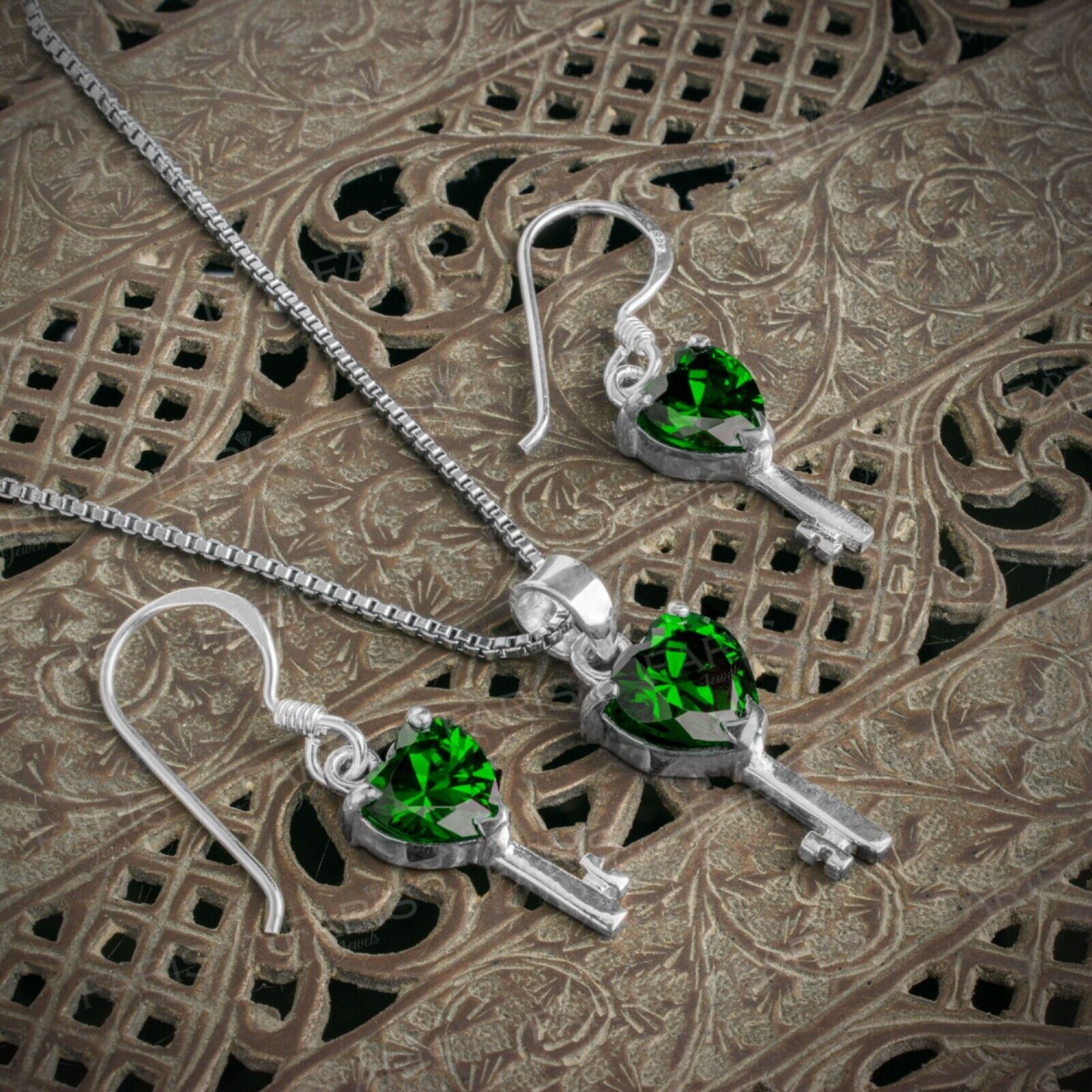 Green Emerald Gemstone Pendant and Earring Set Key To My Heart Gift Jewellery