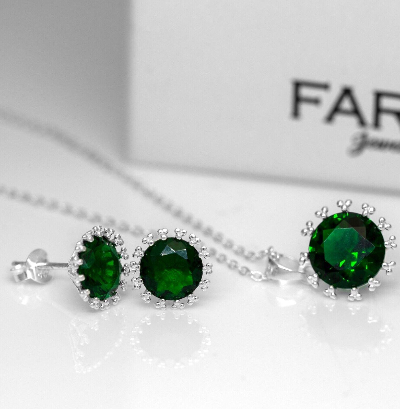 Green Emerald Sterling Silver Ladies Pendant Necklace Earrings Set Jewellery