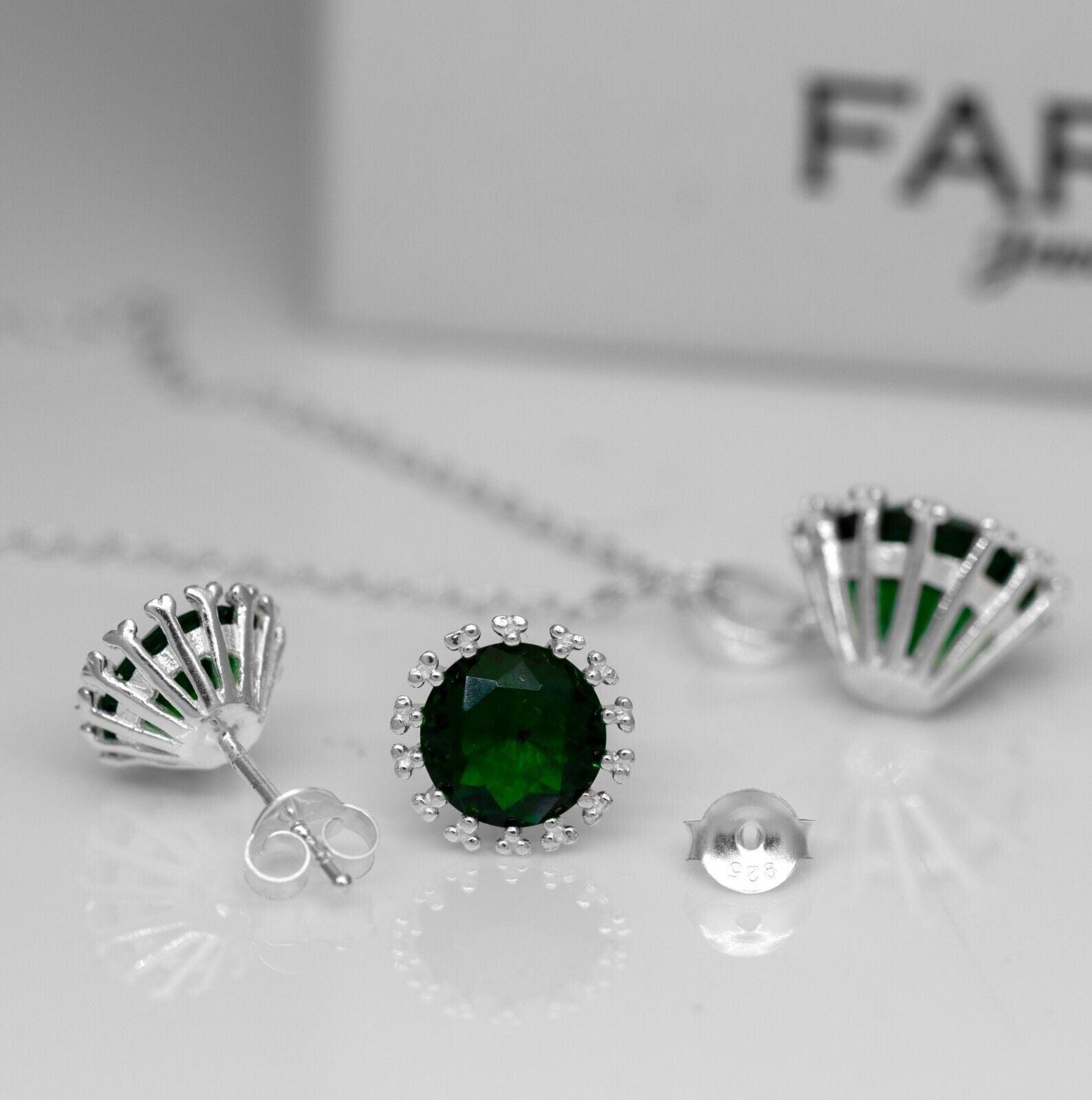 Green Emerald Sterling Silver Ladies Pendant Necklace Earrings Set Jewellery