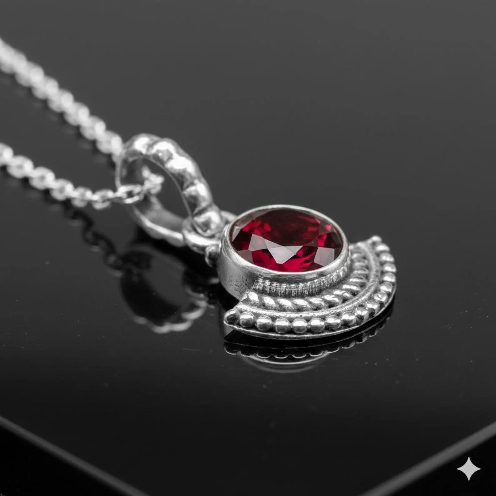 925 Sterling Silver Natural Faceted Red Garnet Pendant Ladies Necklace Art Deco