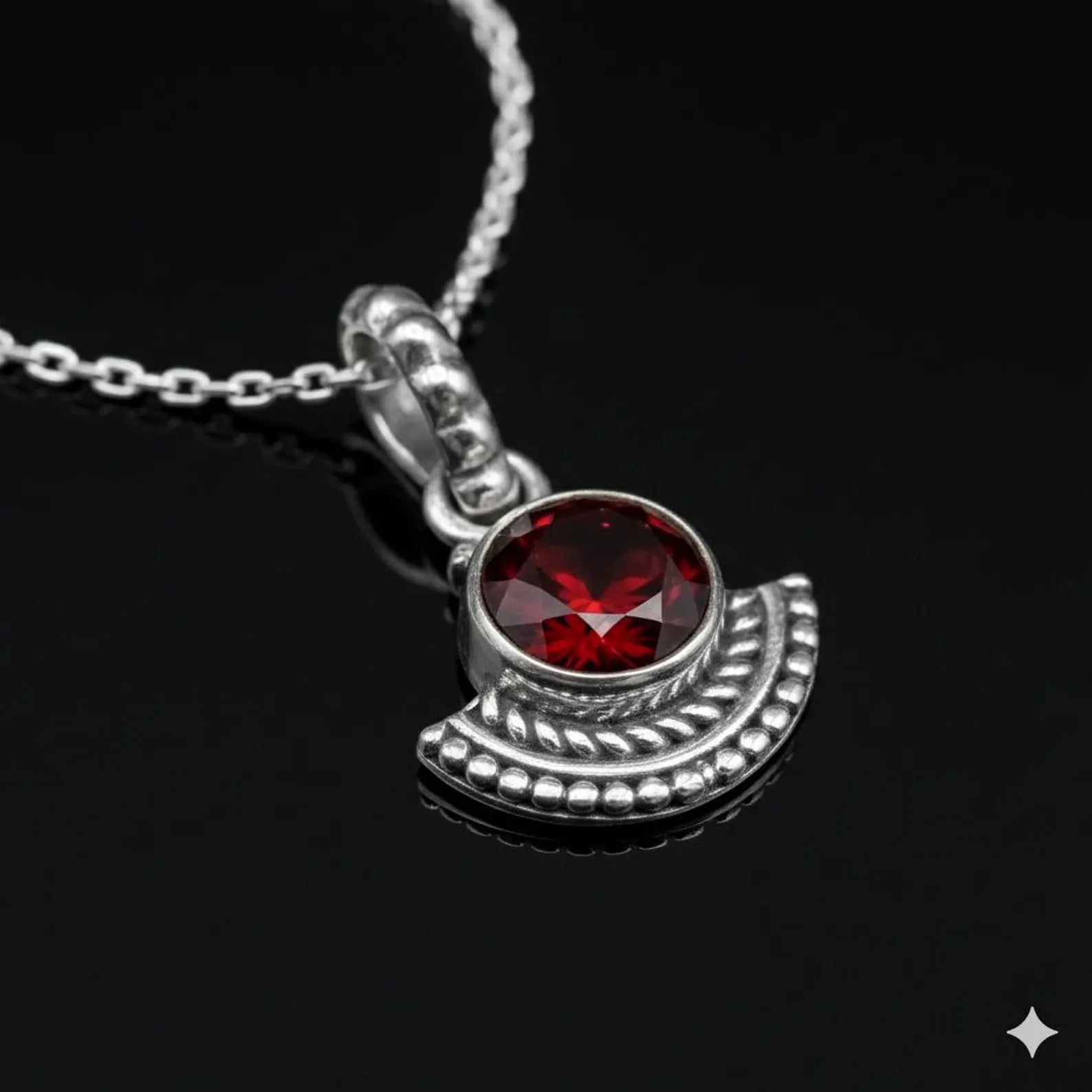 925 Sterling Silver Natural Faceted Red Garnet Pendant Ladies Necklace Art Deco