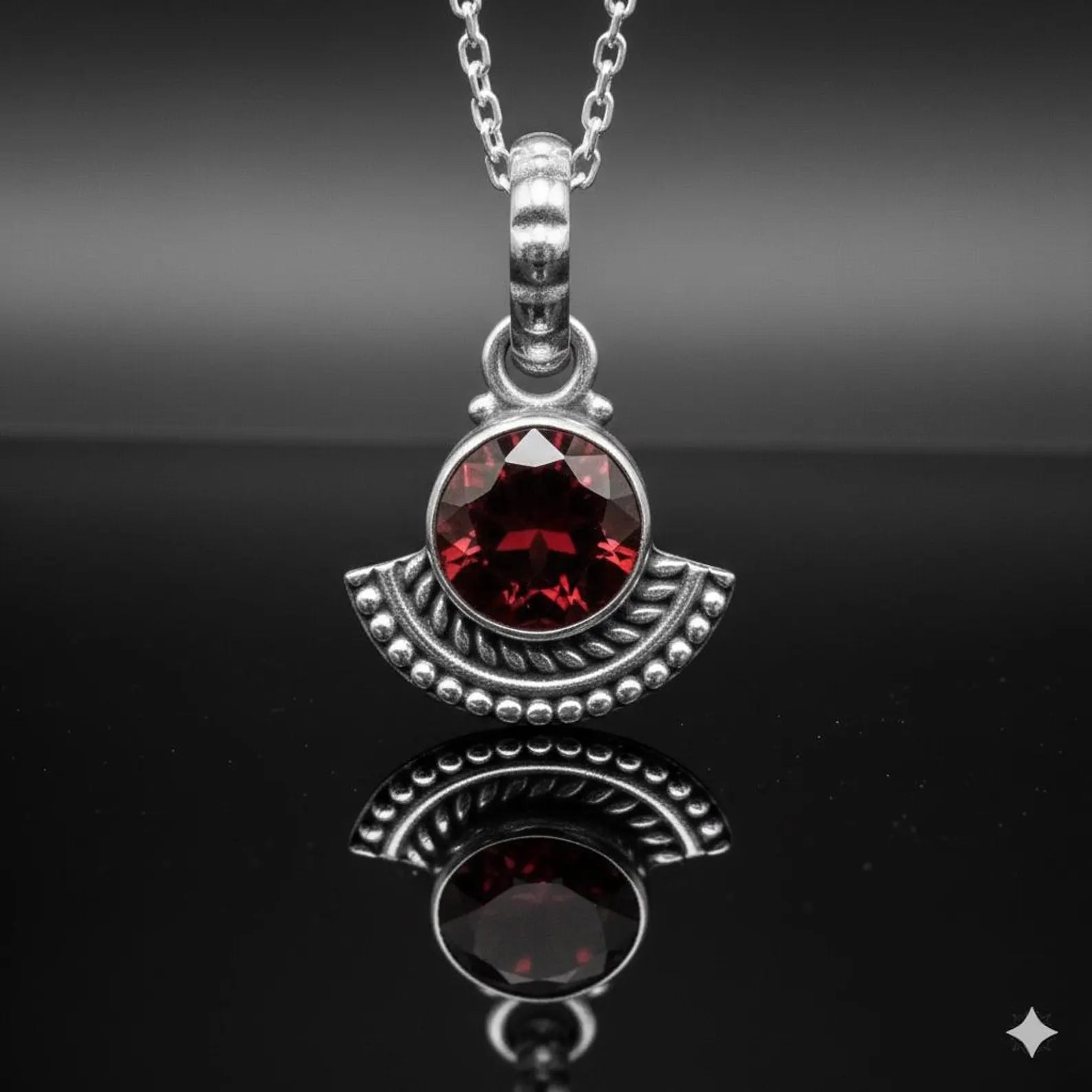 925 Sterling Silver Natural Faceted Red Garnet Pendant Ladies Necklace Art Deco