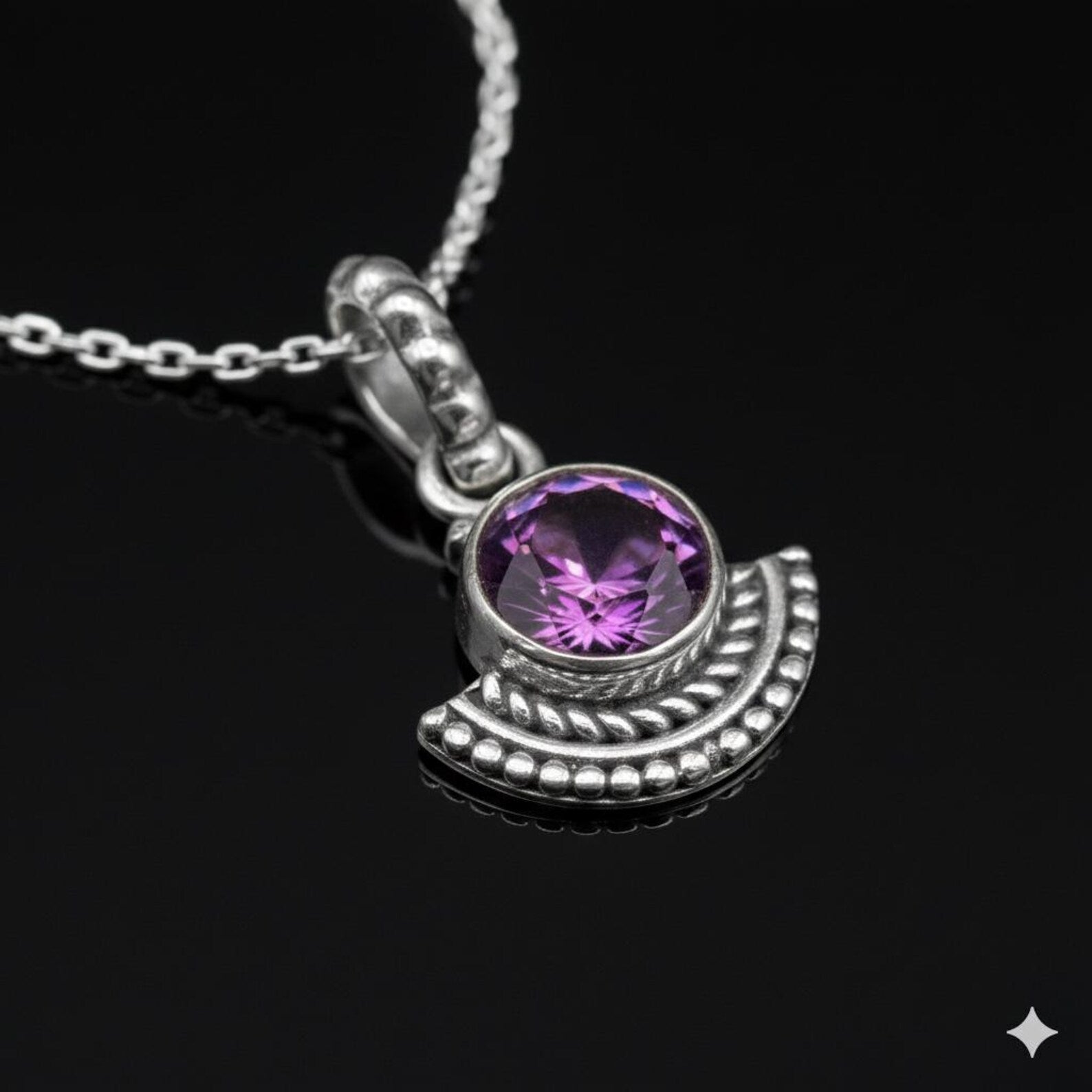 925 Sterling Silver Natural Faceted Purple Amethyst Pendant Ladies Necklace Art Deco