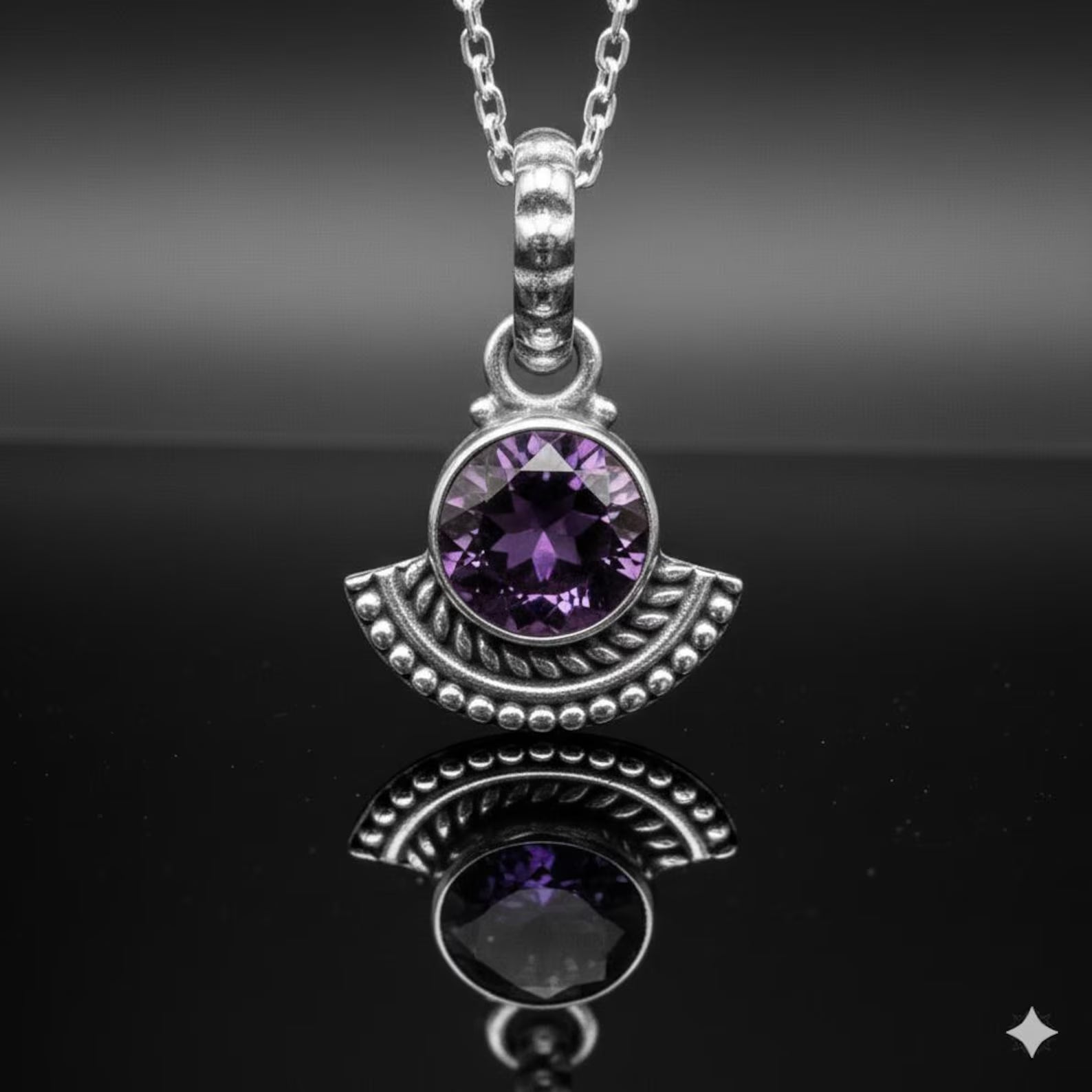 925 Sterling Silver Natural Faceted Purple Amethyst Pendant Ladies Necklace Art Deco