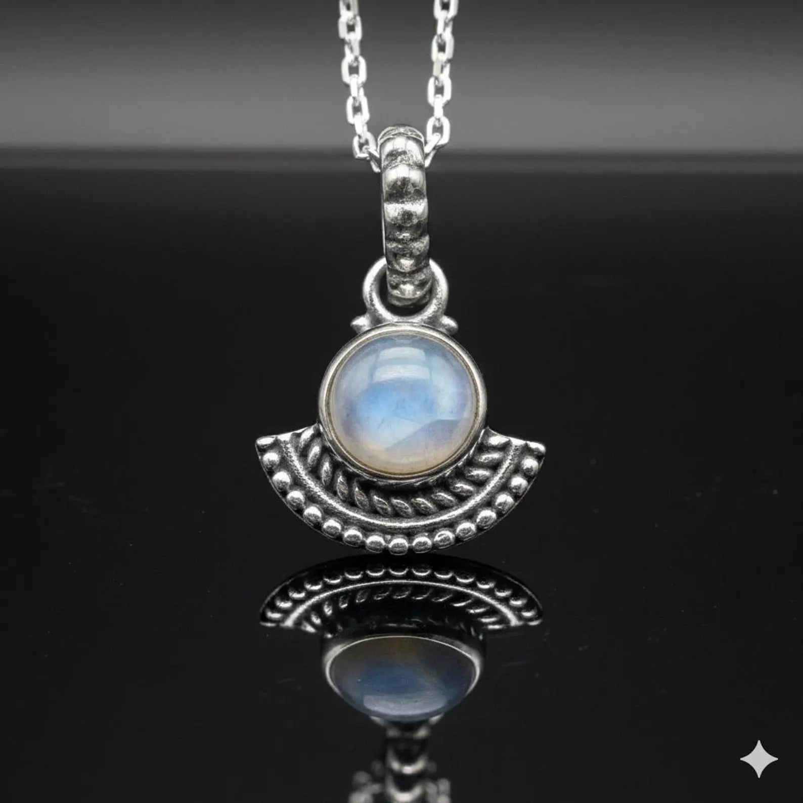 925 Sterling Silver Natural Cabochon Moonstone Pendant Ladies Necklace Art Deco