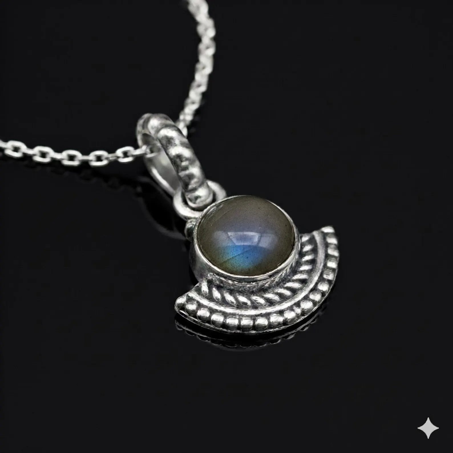 925 Sterling Silver Natural Cabochon Labradorite Pendant Ladies Necklace Art Deco