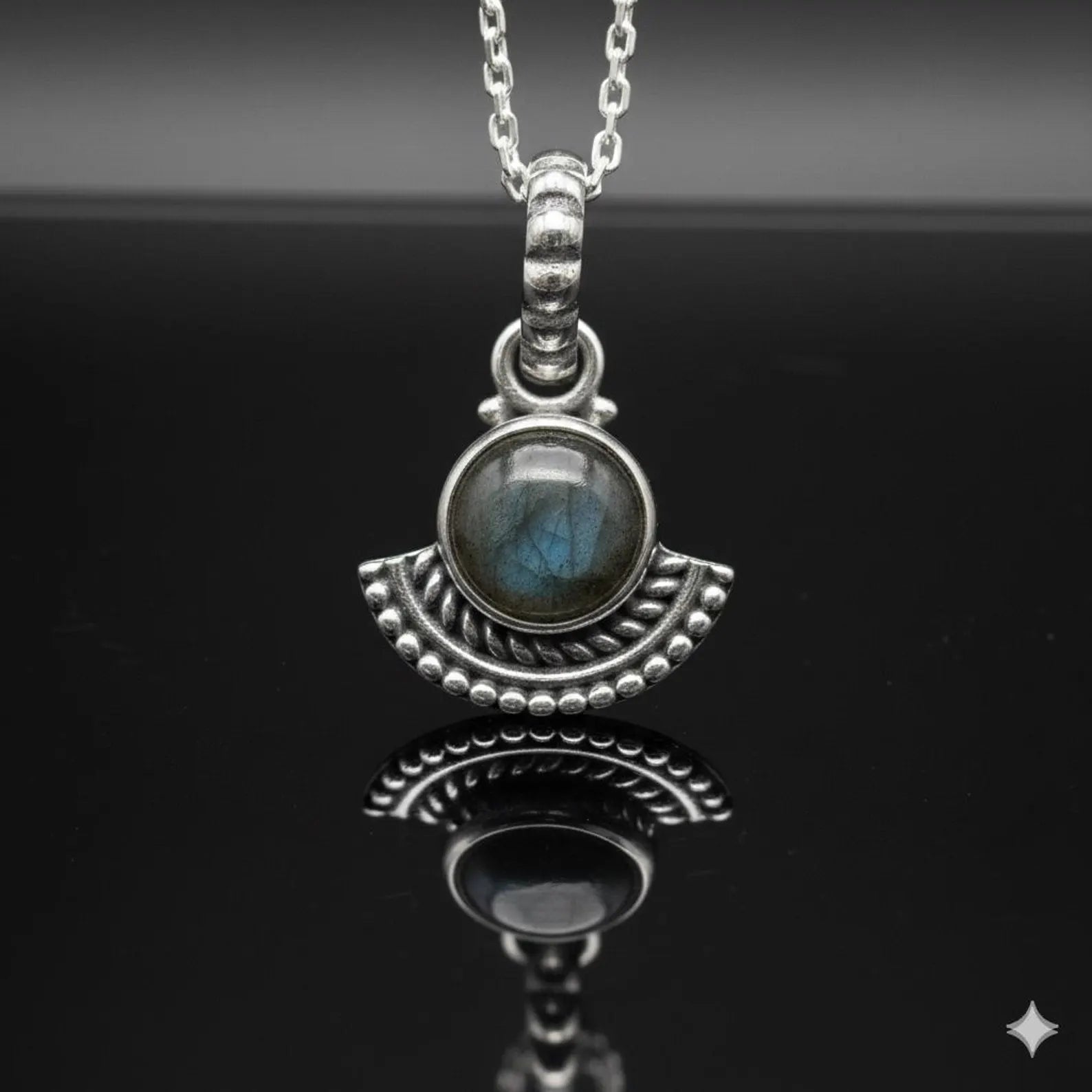 925 Sterling Silver Natural Cabochon Labradorite Pendant Ladies Necklace Art Deco
