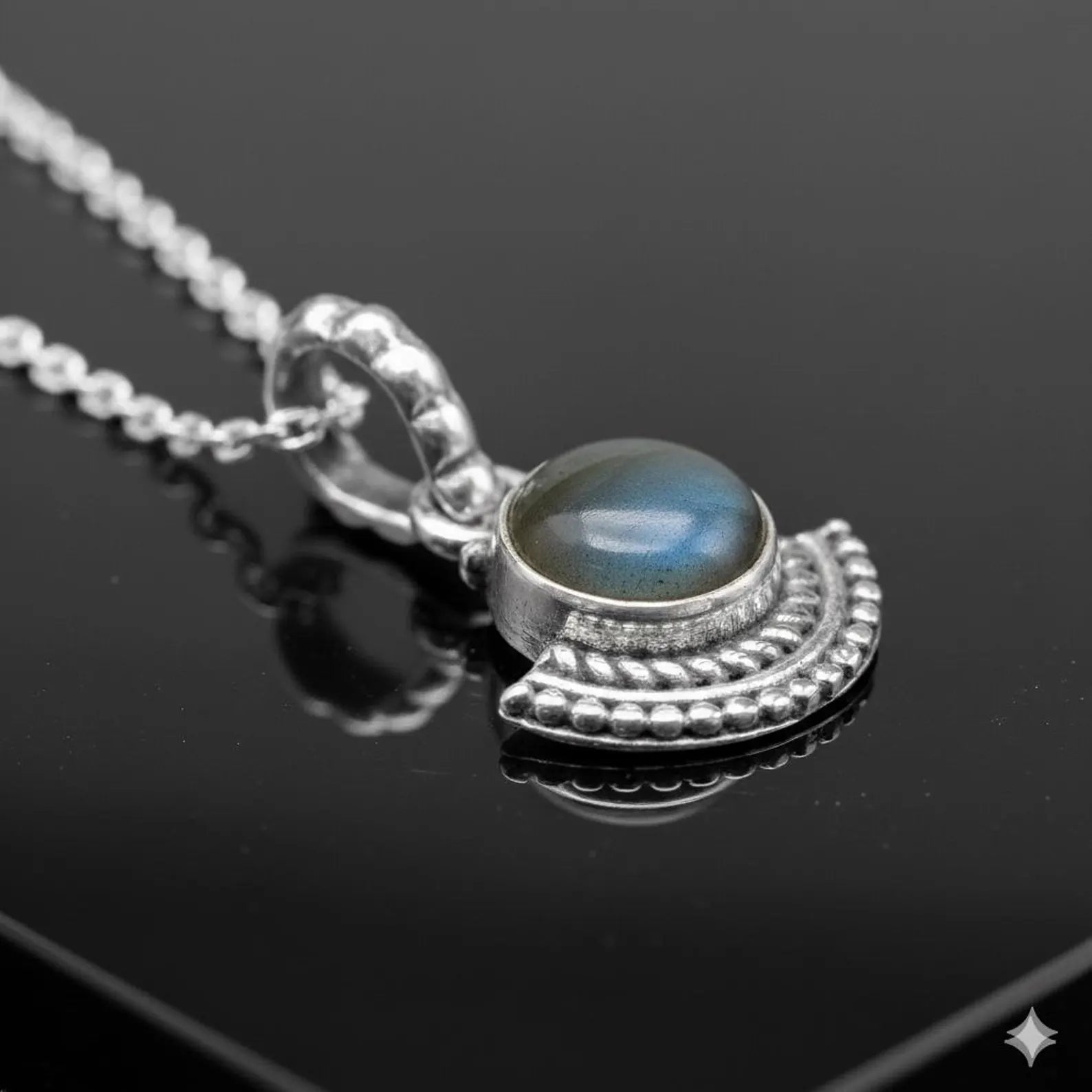 925 Sterling Silver Natural Cabochon Labradorite Pendant Ladies Necklace Art Deco