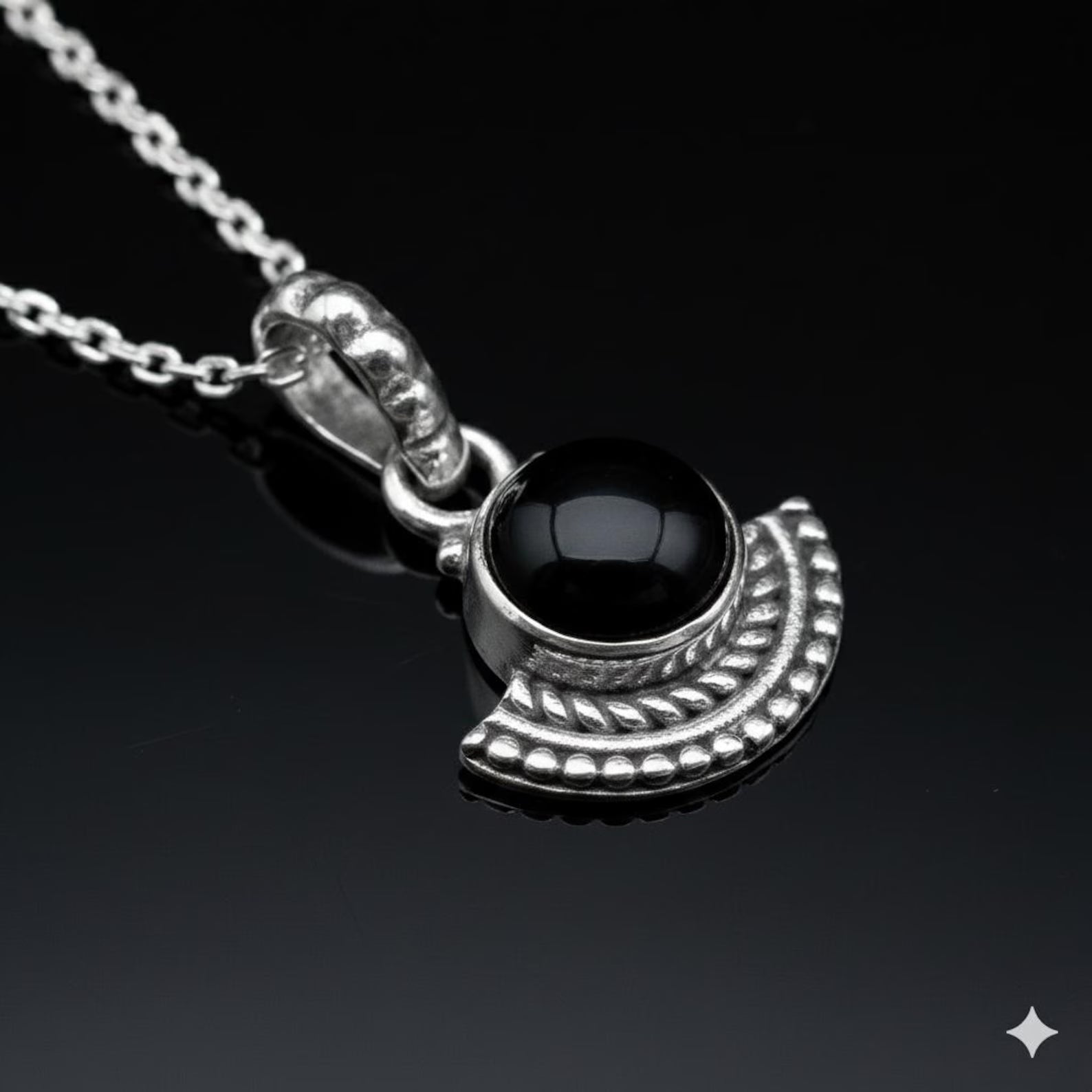 925 Sterling Silver Cabochon Black Onyx Pendant Ladies Necklace Art Deco