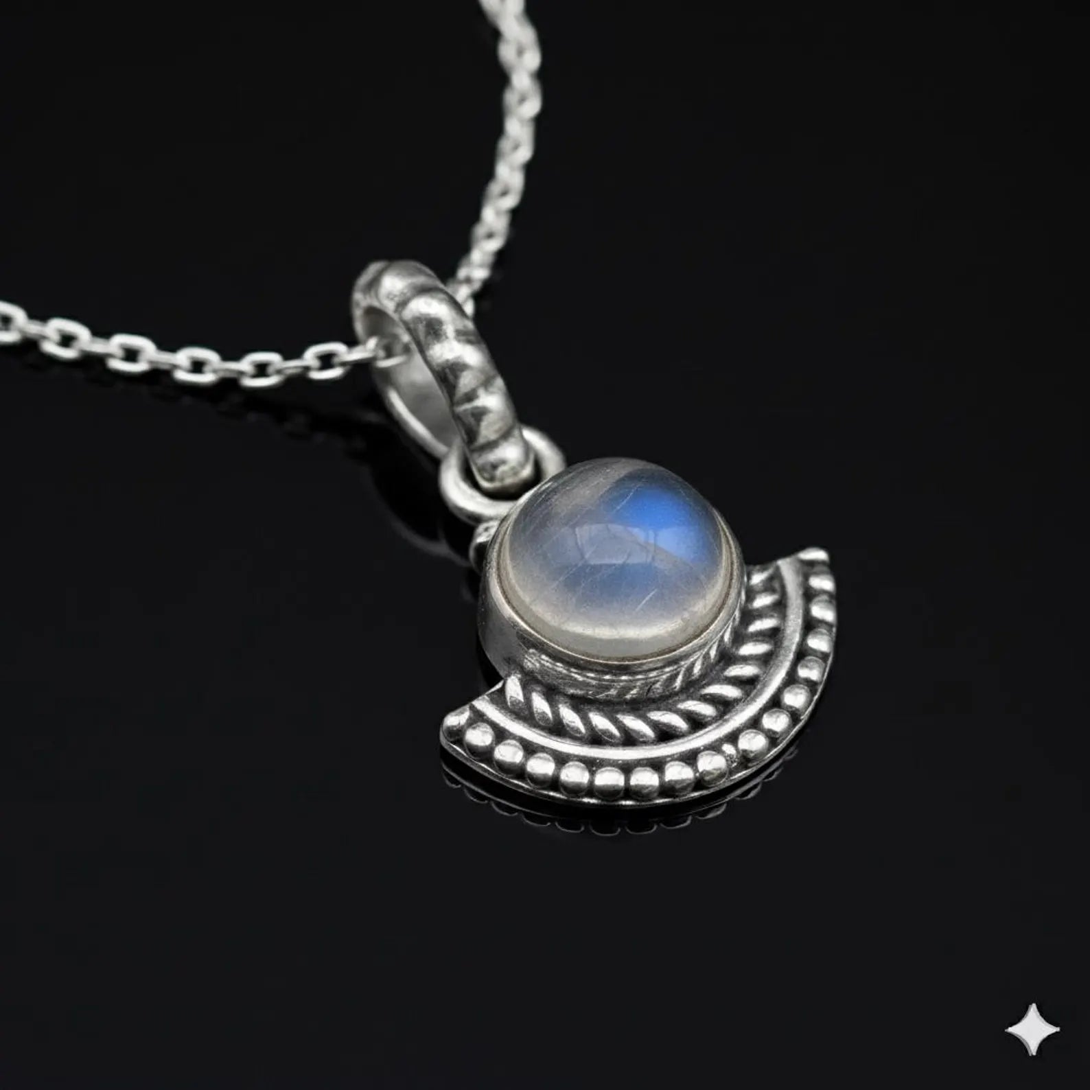 925 Sterling Silver Natural Cabochon Moonstone Pendant Ladies Necklace Art Deco