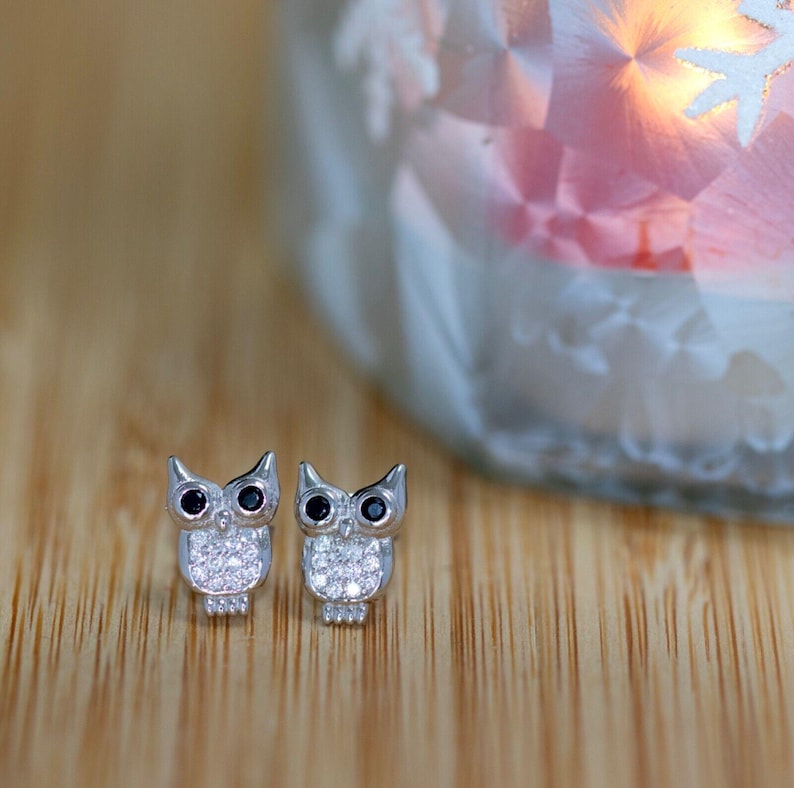 925 Sterling Silver Black Onyx Cubic Zircon Owl Stud Earrings Ladies Jewellery