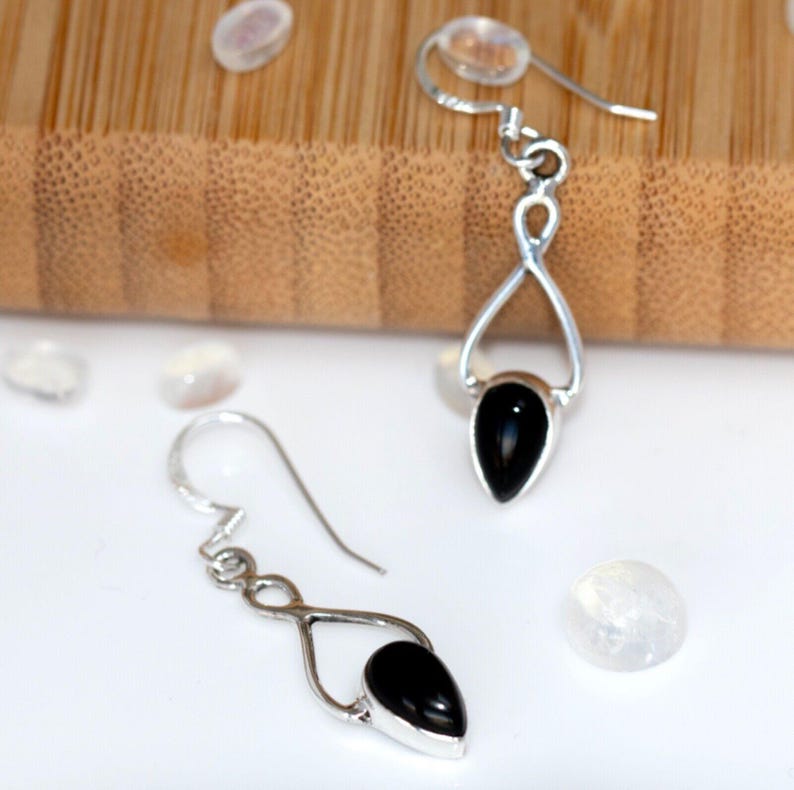 925 Sterling Silver Black Onyx Gemstone Infinity Drop Dangle Earrings Jewellery