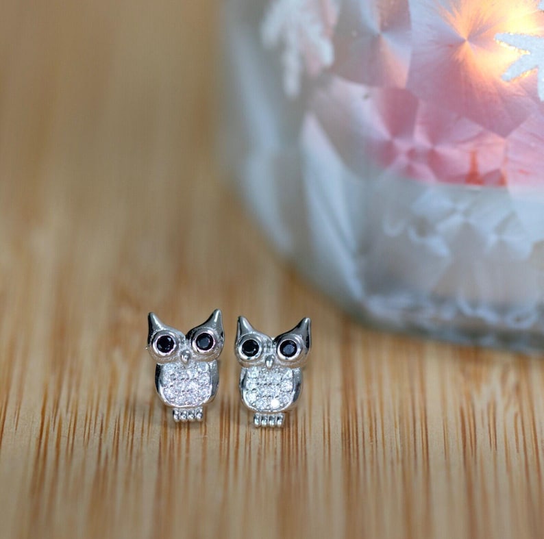 925 Sterling Silver Black Onyx Cubic Zircon Owl Stud Earrings Ladies Jewellery