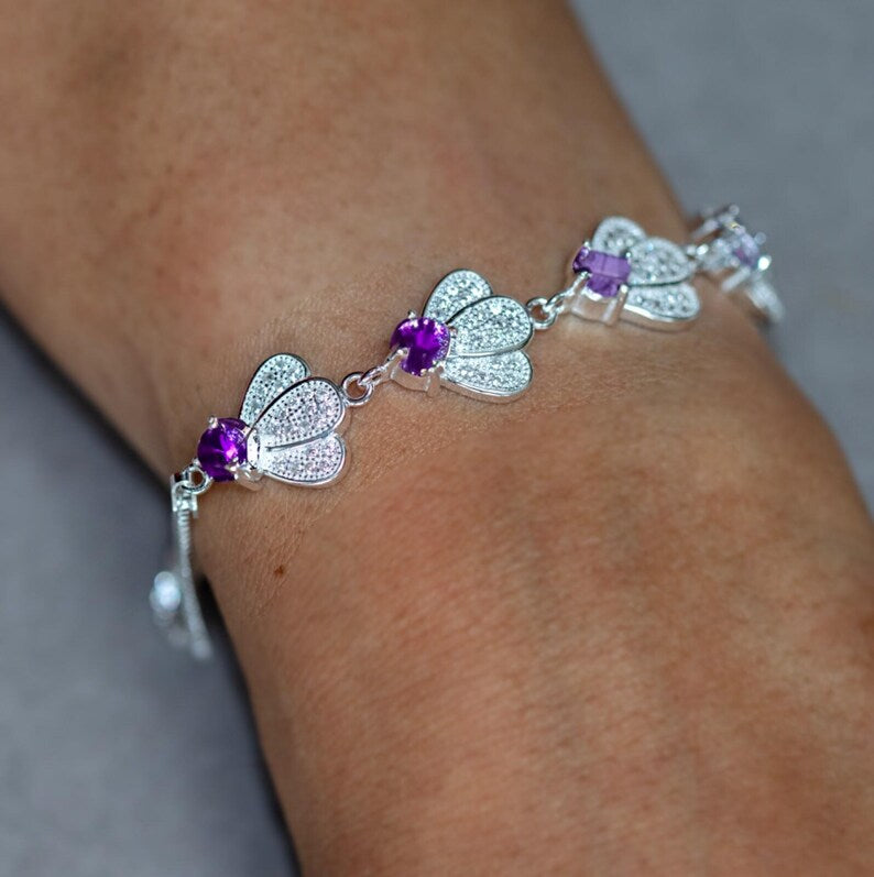 925 Sterling Silver Purple Amethyst & CZ Gemstone Petal Adjustable Bracelet