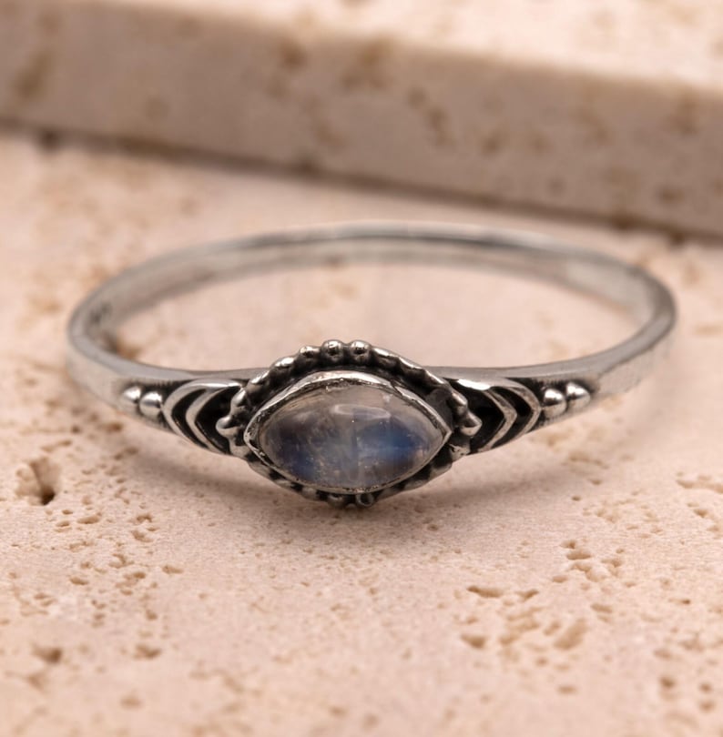 925 Sterling Silver Ladies Boho Ring Marquise Moonstone Gemstone Jewellery Gift