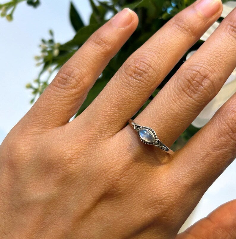 925 Sterling Silver Ladies Boho Ring Marquise Moonstone Gemstone Jewellery Gift