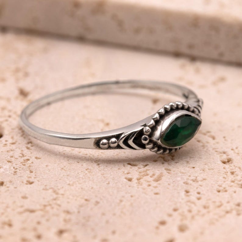 925 Sterling Silver Ladies Boho Ring Marquise Emerald Gemstone Jewellery Gift