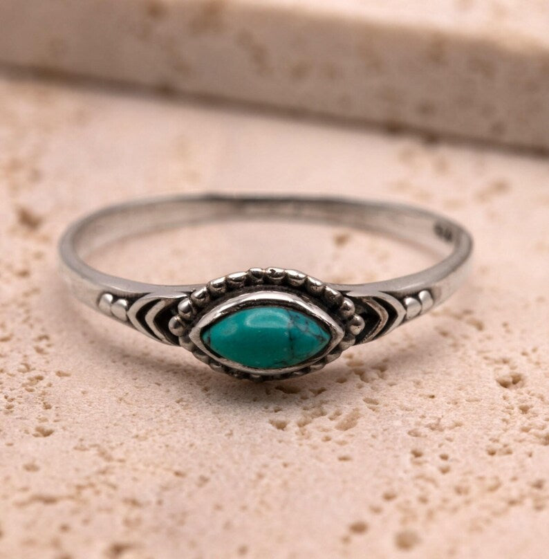 925 Sterling Silver Ladies Boho Ring Marquise Turquoise Gemstone Jewellery Gift