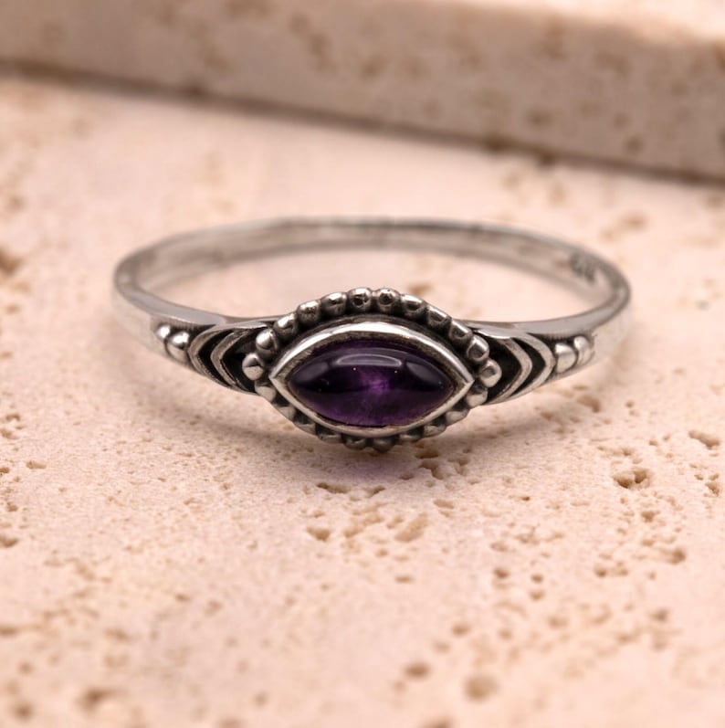 925 Sterling Silver Ladies Boho Ring Marquise Amethyst Gemstone Jewellery Gift