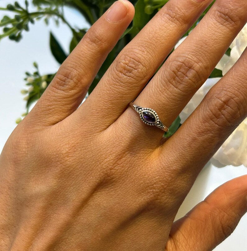 925 Sterling Silver Ladies Boho Ring Marquise Amethyst Gemstone Jewellery Gift