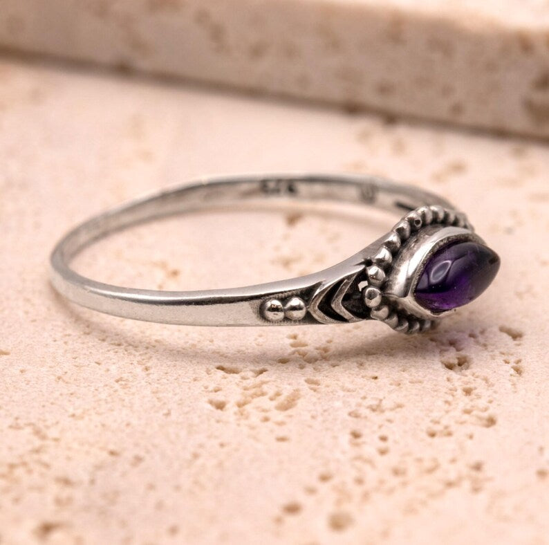 925 Sterling Silver Ladies Boho Ring Marquise Amethyst Gemstone Jewellery Gift