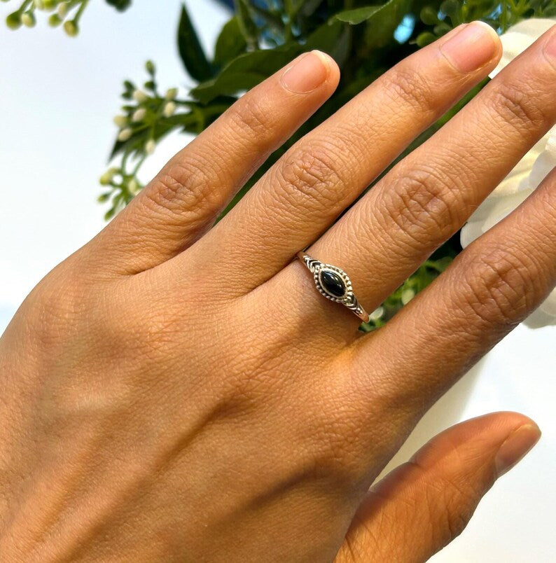 925 Sterling Silver Ladies Boho Ring Marquise Black Onyx Gemstone Jewellery Gift