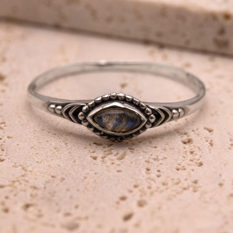925 Sterling Silver Ladies Boho Ring Marquise Labradorite Gemstone Jewellery