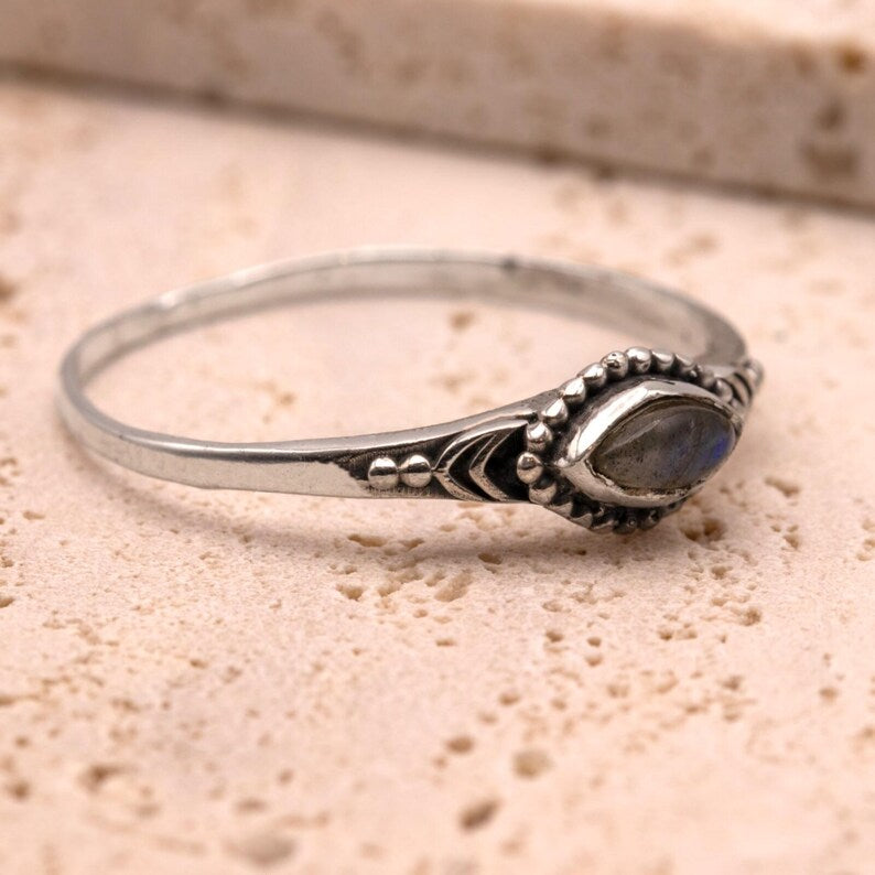 925 Sterling Silver Ladies Boho Ring Marquise Labradorite Gemstone Jewellery