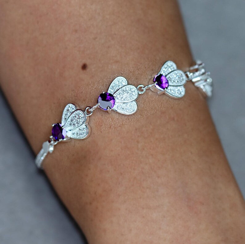 925 Sterling Silver Purple Amethyst & CZ Gemstone Petal Adjustable Bracelet
