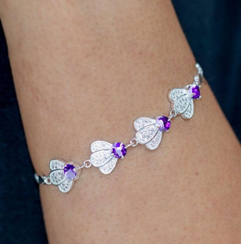 925 Sterling Silver Purple Amethyst & CZ Gemstone Petal Adjustable Bracelet