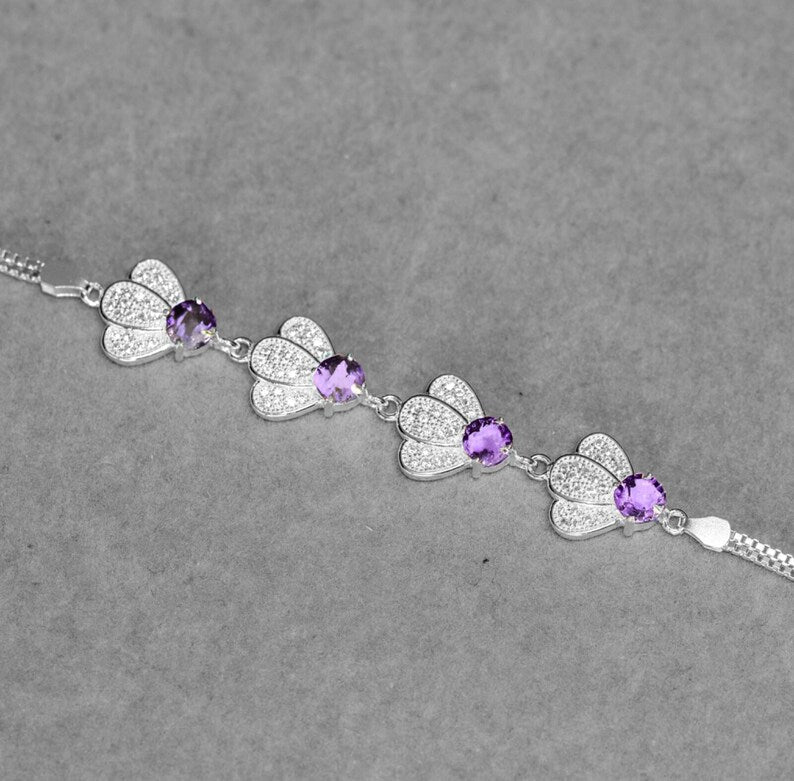 925 Sterling Silver Purple Amethyst & CZ Gemstone Petal Adjustable Bracelet