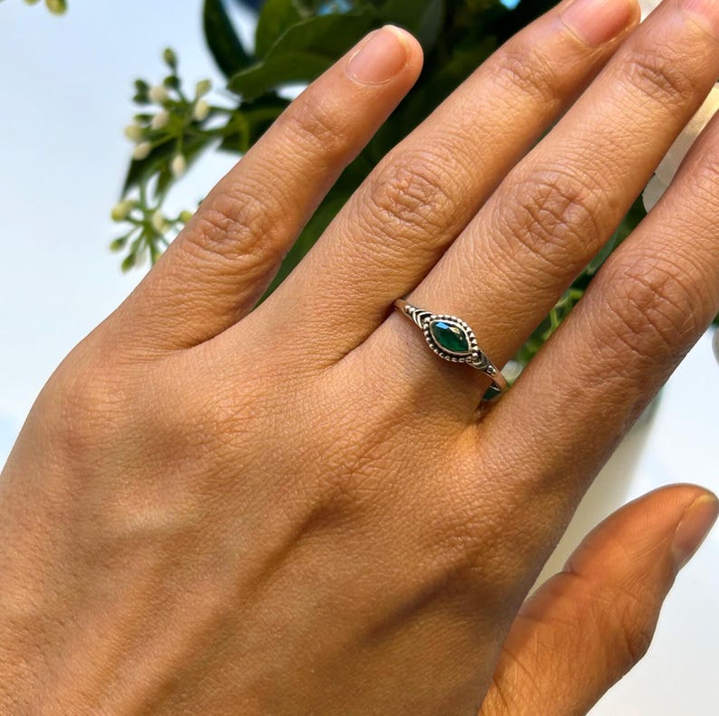 925 Sterling Silver Ladies Boho Ring Marquise Emerald Gemstone Jewellery Gift