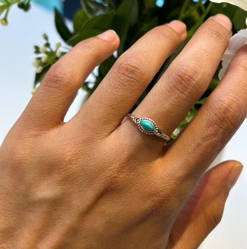 925 Sterling Silver Ladies Boho Ring Marquise Turquoise Gemstone Jewellery Gift