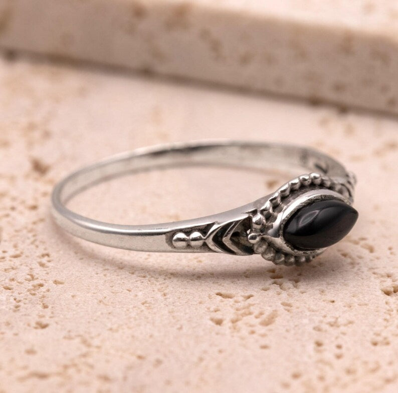 925 Sterling Silver Ladies Boho Ring Marquise Black Onyx Gemstone Jewellery Gift