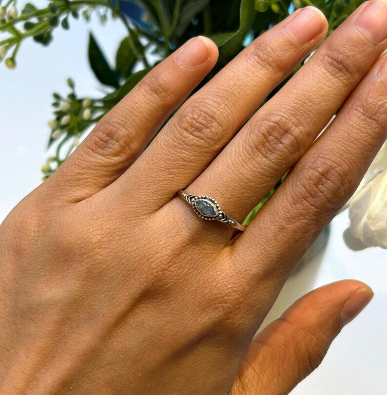 925 Sterling Silver Ladies Boho Ring Marquise Labradorite Gemstone Jewellery
