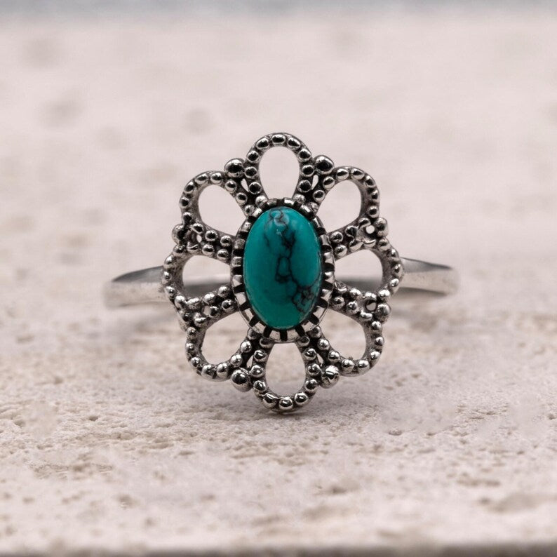 925 Sterling Silver Ladies Vintage Style Ring Turquoise Gemstone Ornate Filigree