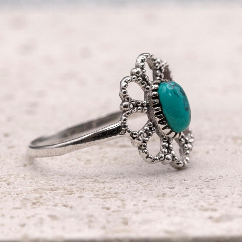 925 Sterling Silver Ladies Vintage Style Ring Turquoise Gemstone Ornate Filigree