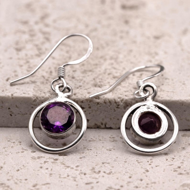 Handmade 925 Sterling Silver Amethyst Gemstone Earrings Artisan Wire Wrapped