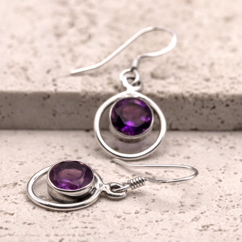 Handmade 925 Sterling Silver Amethyst Gemstone Earrings Artisan Wire Wrapped