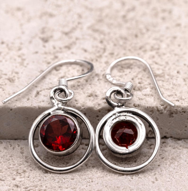 Handmade 925 Sterling Silver Red Garnet Gemstone Earrings Artisan Wire Wrapped