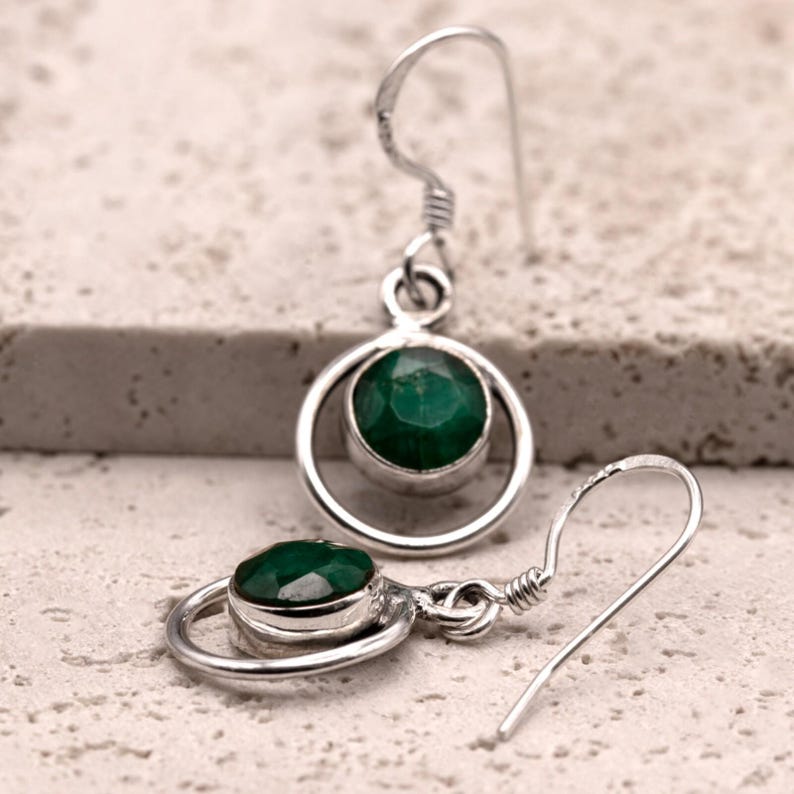 Handmade 925 Sterling Silver Emerald Gemstone Earrings Artisan Wire Wrapped