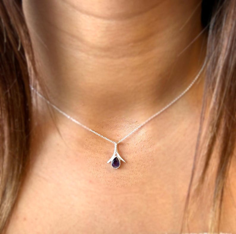 925 Sterling Silver Teardrop Purple Amethyst Gemstone Ladies Pendant Necklace
