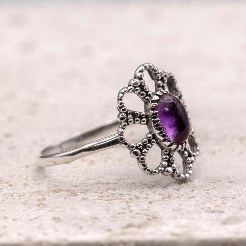 925 Sterling Silver Vintage Style Ladies Ring Amethyst Gemstone Ornate Filigree