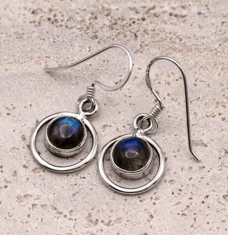 Handmade 925 Sterling Silver Labradorite Gemstone Earrings Artisan Wire Wrapped