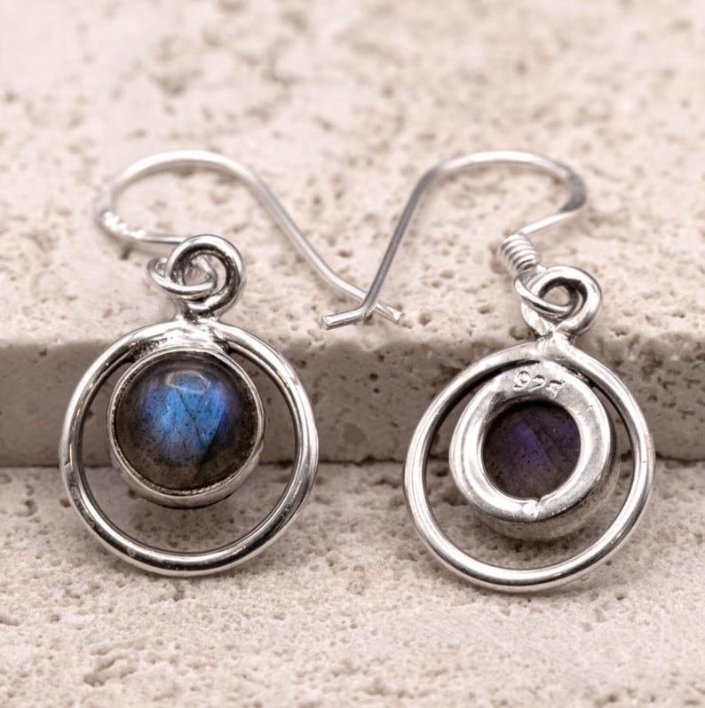 Handmade 925 Sterling Silver Labradorite Gemstone Earrings Artisan Wire Wrapped